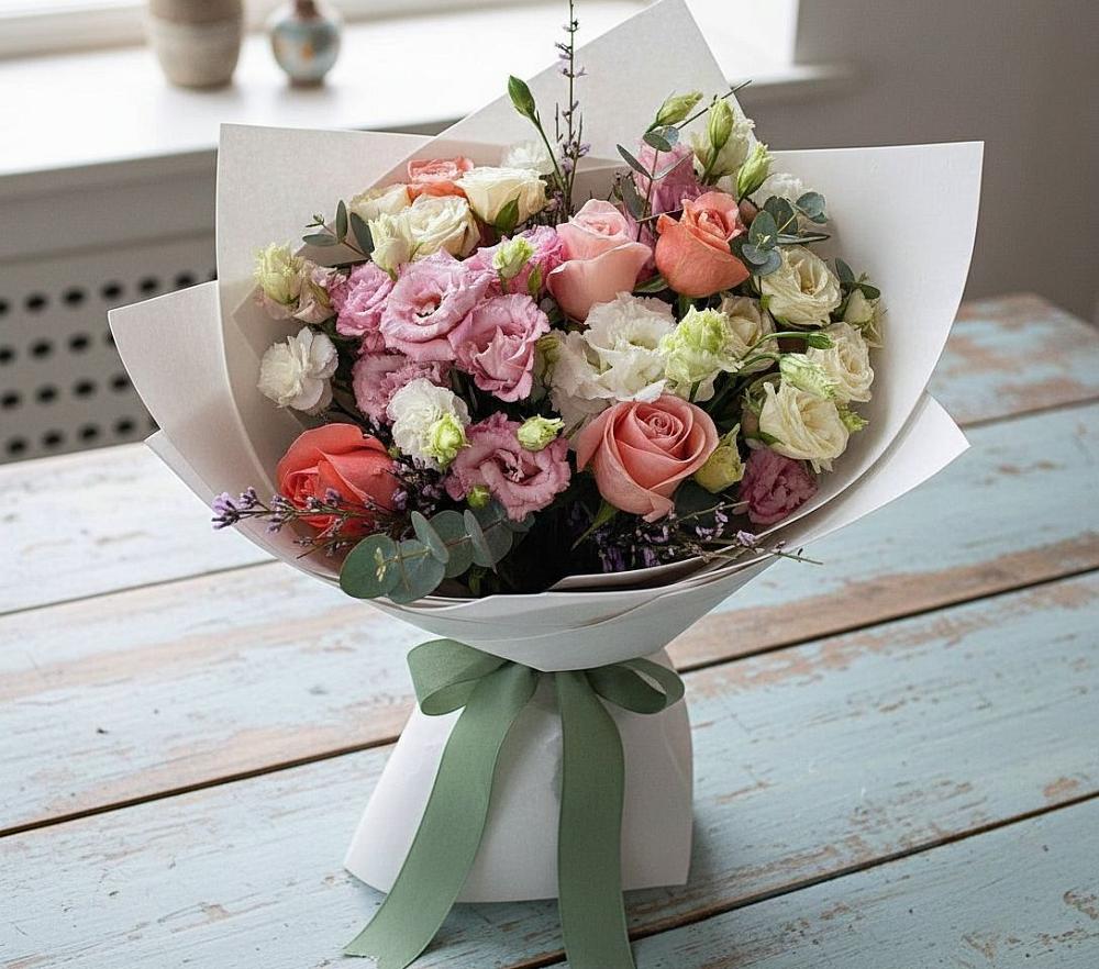 Букет цветов из: Розы, Лизиантусы и Гвоздики в Яранске